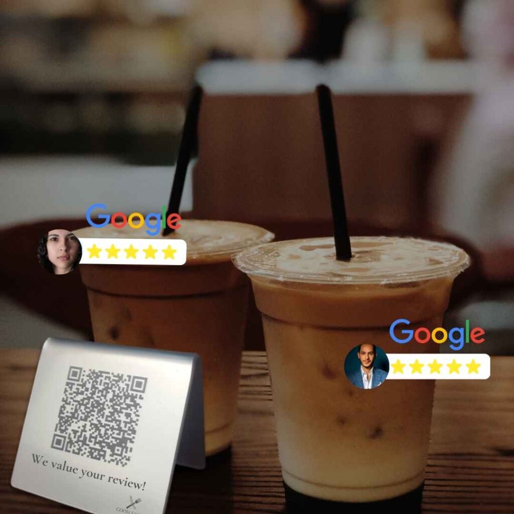 The image displays two iced coffee drinks placed on a table, each in a plastic cup with black straws. In front of the drinks is a small sign with a QR code and the text, "We value your review!" Above the cups, there are icons showing Google reviews with five-star ratings and small profile images of satisfied customers. The scene emphasizes customer satisfaction and encourages online feedback, aligning with Klimax Group's focus on delivering exceptional service and valuing client reviews.